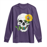 Autism Skull Sunflower Long Sleeve Shirt Support Autistic Puzzle Pieces Heart