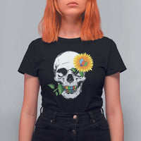 Autism Skull Sunflower T Shirt For Women Support Autistic Puzzle Pieces Heart