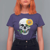 Autism Skull Sunflower T Shirt For Women Support Autistic Puzzle Pieces Heart