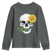 Autism Skull Sunflower Youth Sweatshirt Support Autistic Puzzle Pieces Heart