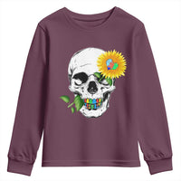 Autism Skull Sunflower Youth Sweatshirt Support Autistic Puzzle Pieces Heart