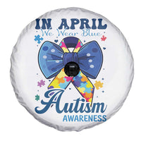 Autism Awareness Spare Tire Cover In April We Wear Blue Puzzle Ribbon Coquette Bow