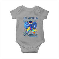 Autism Awareness Baby Onesie In April We Wear Blue Puzzle Ribbon Coquette Bow