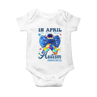 Autism Awareness Baby Onesie In April We Wear Blue Puzzle Ribbon Coquette Bow