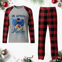 Autism Awareness Plaid Pajama Set In April We Wear Blue Puzzle Ribbon Coquette Bow - Wonder Print Shop