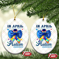 Autism Awareness Ceramic Ornament In April We Wear Blue Puzzle Ribbon Coquette Bow - Wonder Print Shop