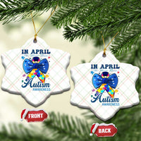Autism Awareness Ceramic Ornament In April We Wear Blue Puzzle Ribbon Coquette Bow - Wonder Print Shop