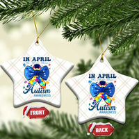 Autism Awareness Ceramic Ornament In April We Wear Blue Puzzle Ribbon Coquette Bow - Wonder Print Shop