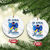 Autism Awareness Ceramic Ornament In April We Wear Blue Puzzle Ribbon Coquette Bow - Wonder Print Shop