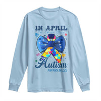Autism Awareness Long Sleeve Shirt In April We Wear Blue Puzzle Ribbon Coquette Bow