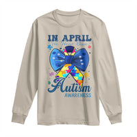 Autism Awareness Long Sleeve Shirt In April We Wear Blue Puzzle Ribbon Coquette Bow