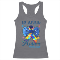 Autism Awareness Racerback Tank Top In April We Wear Blue Puzzle Ribbon Coquette Bow