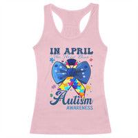 Autism Awareness Racerback Tank Top In April We Wear Blue Puzzle Ribbon Coquette Bow