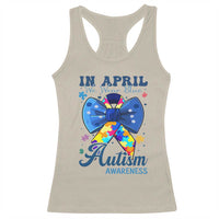 Autism Awareness Racerback Tank Top In April We Wear Blue Puzzle Ribbon Coquette Bow
