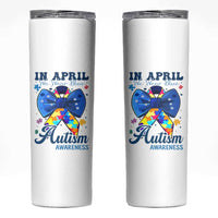 Autism Awareness Skinny Tumbler In April We Wear Blue Puzzle Ribbon Coquette Bow