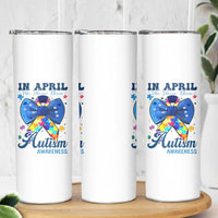 Autism Awareness Skinny Tumbler In April We Wear Blue Puzzle Ribbon Coquette Bow