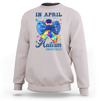 Autism Awareness Sweatshirt In April We Wear Blue Puzzle Ribbon Coquette Bow