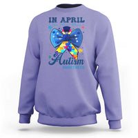 Autism Awareness Sweatshirt In April We Wear Blue Puzzle Ribbon Coquette Bow