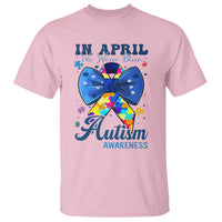 Autism Awareness T Shirt In April We Wear Blue Puzzle Ribbon Coquette Bow