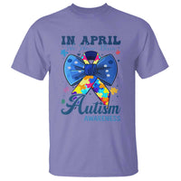 Autism Awareness T Shirt In April We Wear Blue Puzzle Ribbon Coquette Bow