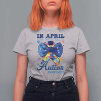Autism Awareness T Shirt For Women In April We Wear Blue Puzzle Ribbon Coquette Bow