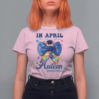 Autism Awareness T Shirt For Women In April We Wear Blue Puzzle Ribbon Coquette Bow