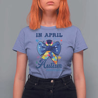 Autism Awareness T Shirt For Women In April We Wear Blue Puzzle Ribbon Coquette Bow