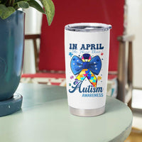 Autism Awareness Tumbler Cup In April We Wear Blue Puzzle Ribbon Coquette Bow