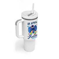 Autism Awareness Tumbler With Handle In April We Wear Blue Puzzle Ribbon Coquette Bow