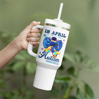 Autism Awareness Tumbler With Handle In April We Wear Blue Puzzle Ribbon Coquette Bow
