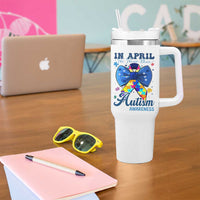 Autism Awareness Tumbler With Handle In April We Wear Blue Puzzle Ribbon Coquette Bow