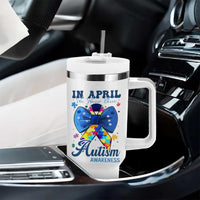 Autism Awareness Tumbler With Handle In April We Wear Blue Puzzle Ribbon Coquette Bow