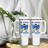 Autism Awareness Tumbler With Handle In April We Wear Blue Puzzle Ribbon Coquette Bow