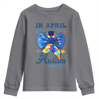 Autism Awareness Youth Sweatshirt In April We Wear Blue Puzzle Ribbon Coquette Bow