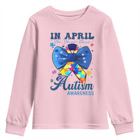 Autism Awareness Youth Sweatshirt In April We Wear Blue Puzzle Ribbon Coquette Bow