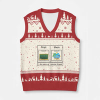 Funny Teacher Summer Break V-Neck Knit Sweater Vest First Teach Then Beach Vacation Mode - Wonder Print Shop