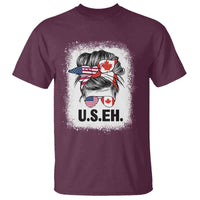 Funny American Canadan Bleached T Shirt US EH America Canada Flag Messy Bun - Wonder Print Shop