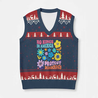 No Kings in America Protect Democracy V-Neck Knit Sweater Vest Colorful Flowers Patriotic Feminists - Wonder Print Shop