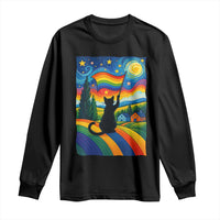 Whimsical Black Cat Pride Flag Long Sleeve Shirt Colorful LGBTQ Rainbow - Wonder Print Shop