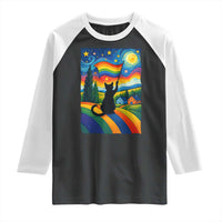 Whimsical Black Cat Pride Flag Raglan Shirt Colorful LGBTQ Rainbow - Wonder Print Shop