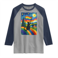 Whimsical Black Cat Pride Flag Raglan Shirt Colorful LGBTQ Rainbow - Wonder Print Shop