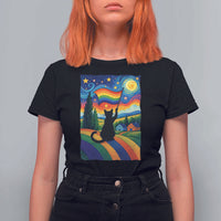 Whimsical Black Cat Pride Flag T Shirt For Women Colorful LGBTQ Rainbow - Wonder Print Shop