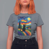 Whimsical Black Cat Pride Flag T Shirt For Women Colorful LGBTQ Rainbow - Wonder Print Shop