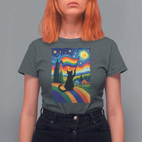 Whimsical Black Cat Pride Flag T Shirt For Women Colorful LGBTQ Rainbow - Wonder Print Shop
