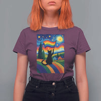 Whimsical Black Cat Pride Flag T Shirt For Women Colorful LGBTQ Rainbow - Wonder Print Shop
