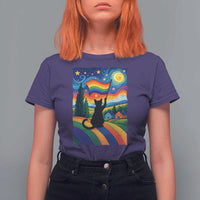 Whimsical Black Cat Pride Flag T Shirt For Women Colorful LGBTQ Rainbow - Wonder Print Shop