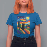 Whimsical Black Cat Pride Flag T Shirt For Women Colorful LGBTQ Rainbow - Wonder Print Shop