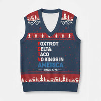 No Kings in America Since 1776 V-Neck Knit Sweater Vest Foxtrot Delta Taco Funny Patriotic Military Alphabet - Wonder Print Shop