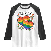 Be Kind Rainbow Heart Raglan Shirt Spread Kindness LGBTQ Love Pride Month - Wonder Print Shop