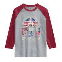 Red White and Livin Happy 4th of July Patriotic Raglan Shirt Funny Retro Movie Quote You Gotta Keep On Living Man